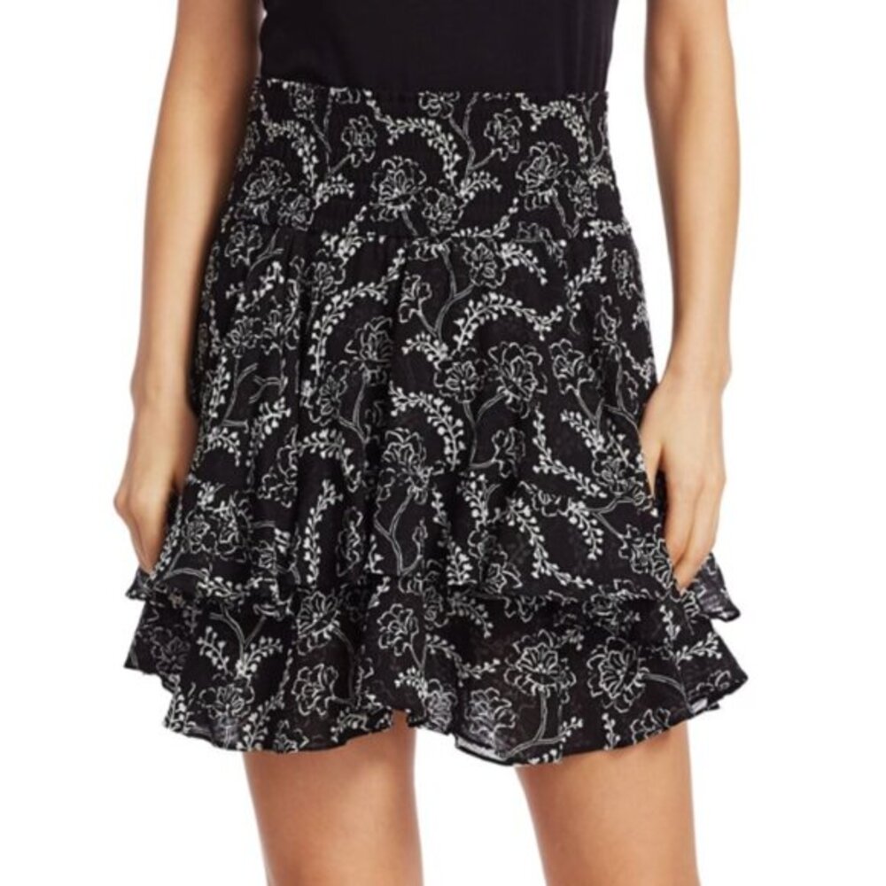 New ALC Vera Cotton Silk Floral Smock Tiered Mini Skirt Black White 0, XS $295